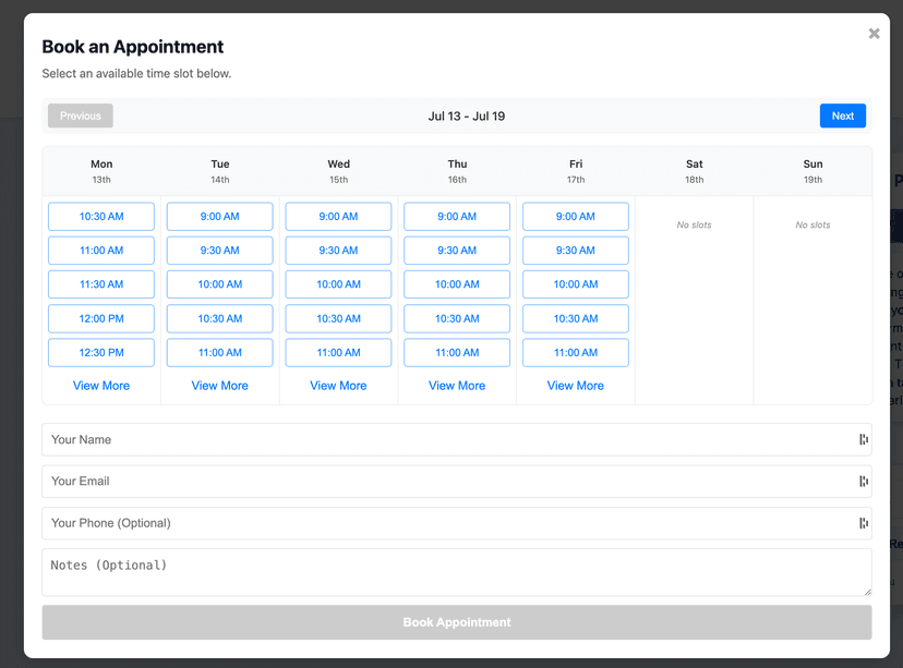 LeadsPilotAI in-chat booking calendar